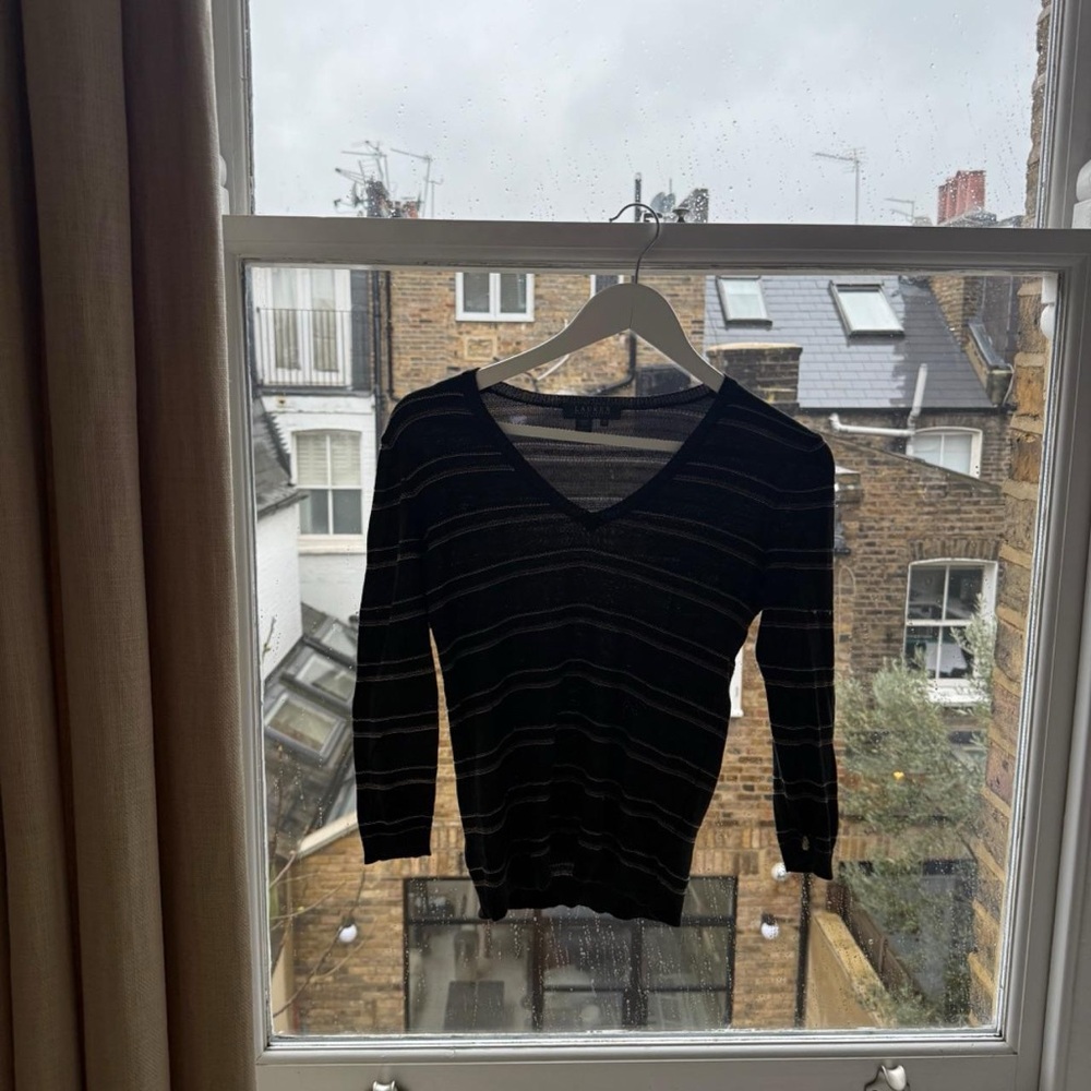 Ralph Lauren Black V-Neck Stripe Sweater with Metallic Threads
